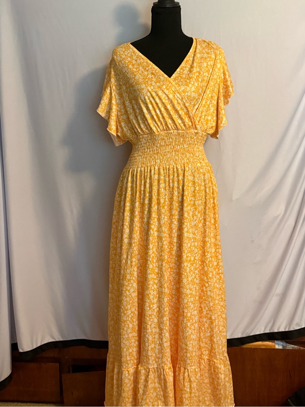 Yellow Floral Maxi Dress with Smocked Waist